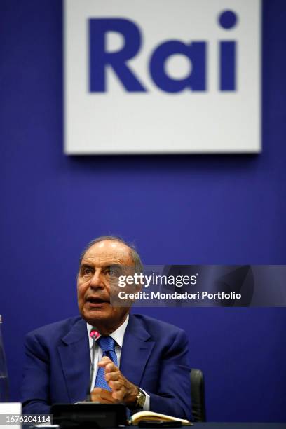 Italian television presenter Bruno Vespa during the press conference for the broadcasts Five Minutes and Porta a Porta. Rome , September 11, 2023