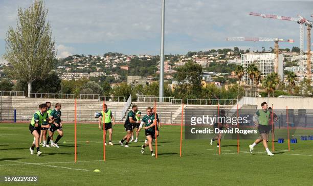 The Wales team warm up during the Wales training session at the Rugby World Cup France 2023 held at the Stade Charles Ehrmann on September 12, 2023...