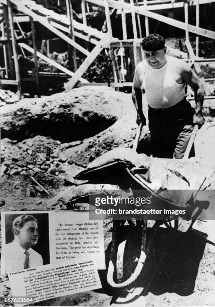 Italian star tenor Leo Magido working on a construction site in Tel Aviv. He is also a member of the Kammeroper Palestine. About 1930. Photograph by...