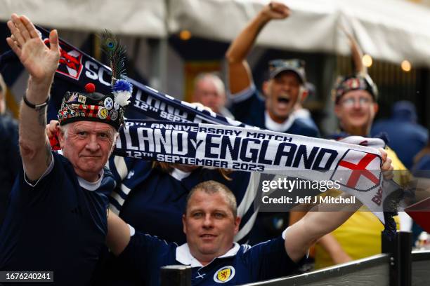 Scotland and England fans gather in Glasgow ahead of a friendly match between the two sides on September 12, 2023 in Glasgow, Scotland. Tonight's...