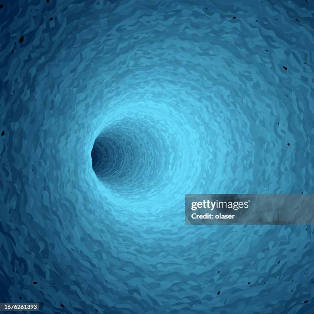3d vector rendering of a turning turquoise cave with a brighter midsection and uneven walls - underground mining stock illustrations