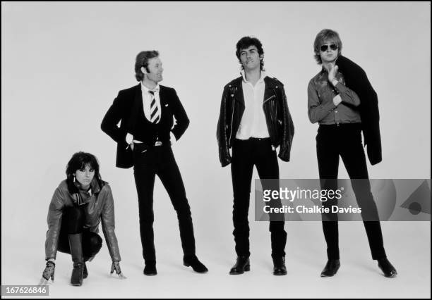 English-American rock group The Pretenders pose in a session for the cover of their debut album, London, 1979. Left to right: singer and guitarist...