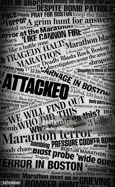 boston bombing newspaper headline collage - boston massacre stock pictures, royalty-free photos & images