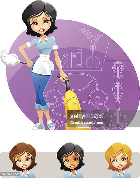 stockillustraties, clipart, cartoons en iconen met maid or cleaning lady holding duster and vacuum cleaner - stofzuiger