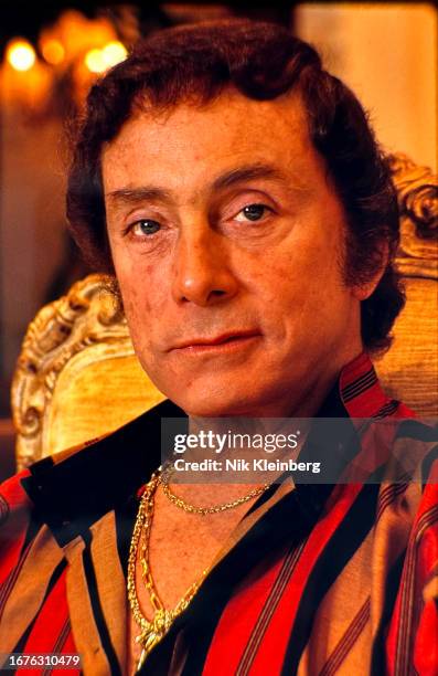 Close-up of Penthouse Magazine founder and publisher Bob Guccione in his Upper East Side townhouse , New York, New York, June 1986.