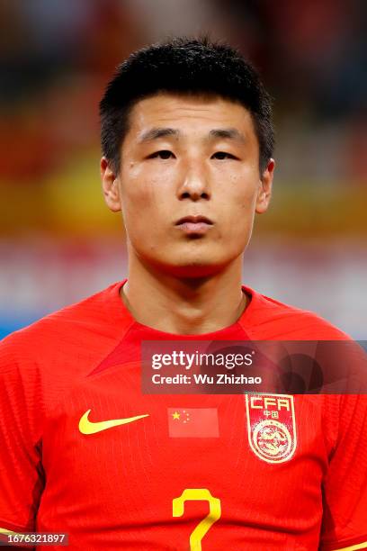 Wu Lei of China lines up prior to an international friendly match between China and Syria at Fenghuangshan Sports Park Professional Football Stadium...