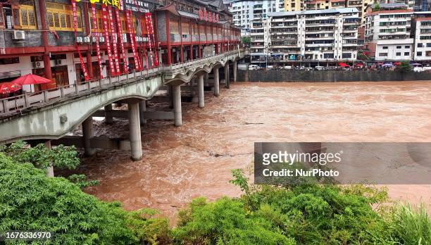 Flood waters rise in the Tongjiang River basin in Tongjiang County, Bazhong City, Sichuan province, China, September 19, 2023.