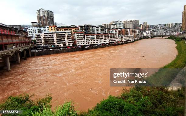 Flood waters rise in the Tongjiang River basin in Tongjiang County, Bazhong City, Sichuan province, China, September 19, 2023.