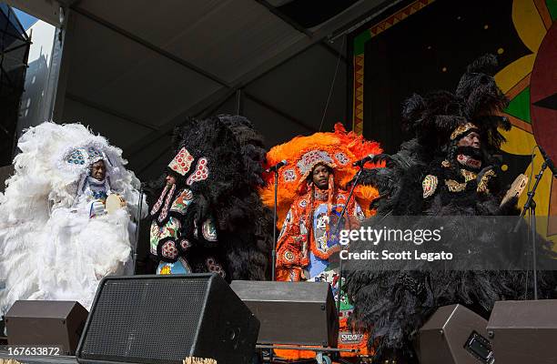 Treme's Donald Harrison Jr. And band members performs during the 2013 New Orleans Jazz & Heritage Music Festival at Fair Grounds Race Course on April...