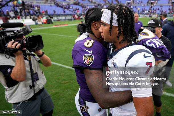 Houston Texans quarterback C.J. Stroud embraces Baltimore Ravens quarterback Lamar Jackson after the Texans 25-9 loss to the Ravens in an NFL...