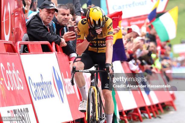 Stage winner Jonas Vingegaard of Denmark and Team Jumbo-Visma reacts after the 78th Tour of Spain 2023, Stage 16 a 120.1km stage from Liencres to...