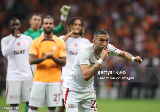 Hakim Ziyech of Galatasaray celebrates during the Turkish Super League match between Galatasaray and Samsunspor on September 16, 2023 in Istanbul,...