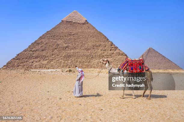 beduinen und die pyramide, gizeh, ägypten - cheopspyramide stock-fotos und bilder