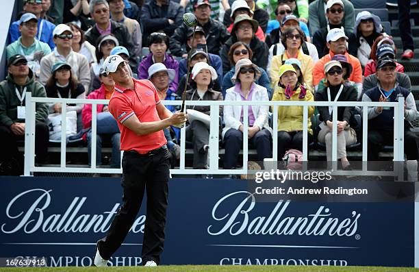 Alexander Noren of Sweden hits his tee-shot on the first hole during the third round of the Ballantine's Championship at Blackstone Golf Club on...