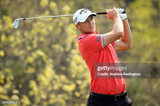 Alexander Noren of Sweden hits his tee-shot on the sixth hole during the third round of the Ballantine's Championship at Blackstone Golf Club on...