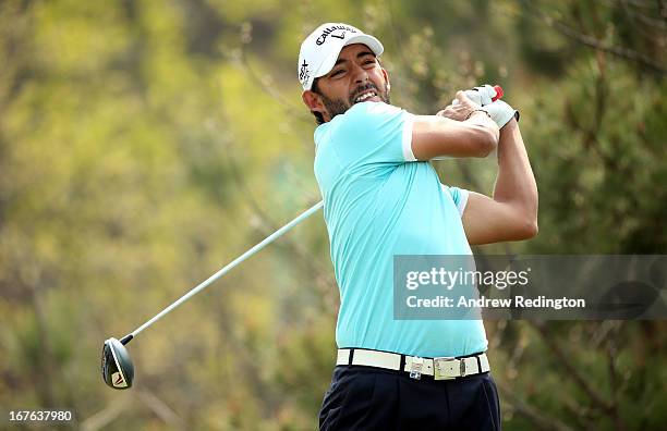 Pablo Larrazabal of Spain hits his tee-shot on the sixth hole during the third round of the Ballantine's Championship at Blackstone Golf Club on...