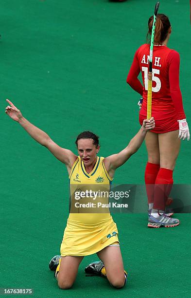 Madonna Blyth of Australia celebrates a goal during the International Test match between the Australian Hockeyroos and Korea at Perth Hockey Stadium...