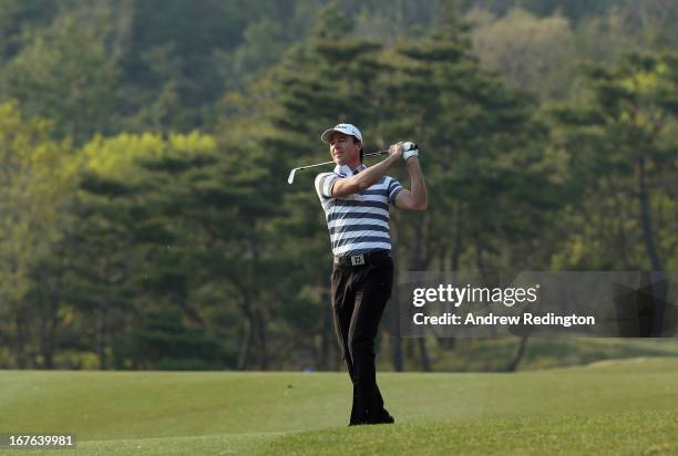 Brett Rumford of Australia in action during the third round of the Ballantine's Championship at Blackstone Golf Club on April 27, 2013 in Icheon,...