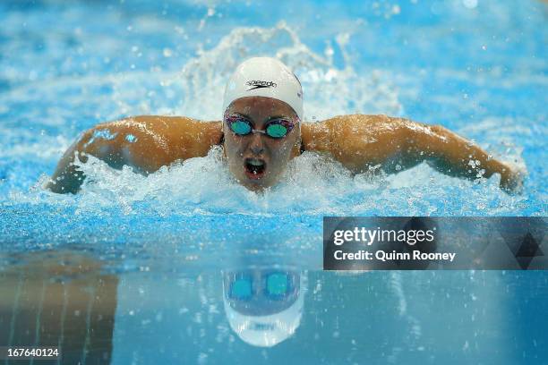 Alicia Coutts of Australia competes in the Women's 100 Metre Butterfly Final during day two of the Australian Swimming Championships at SA Aquatic...