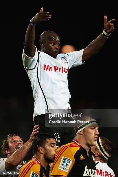 Lubabalo Mtembu of the Sharks asks for the ball during the round 11 Super Rugby match between the Chiefs and the Sharks at Waikato Stadium on April...