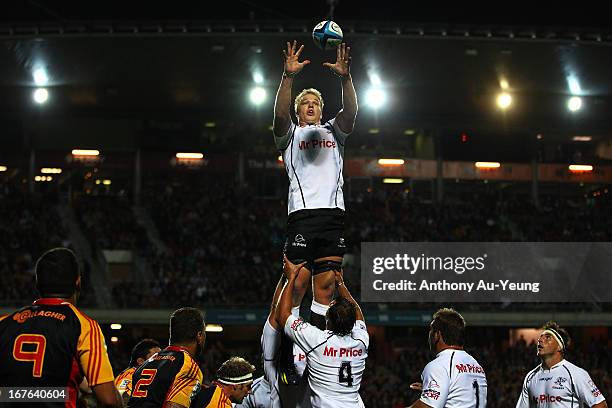 Sharks' Pieter-Steph du Toit takes the line out ball during the round 11 Super Rugby match between the Chiefs and the Sharks at Waikato Stadium on...