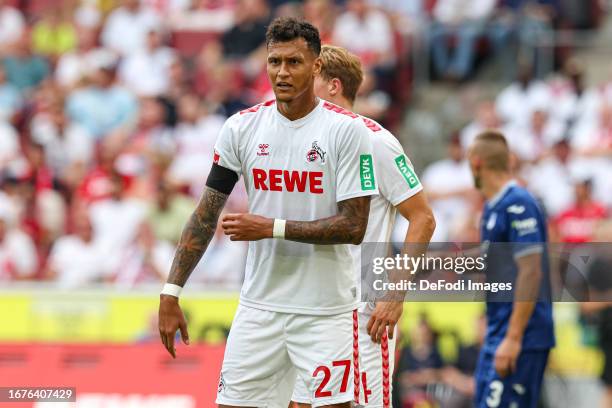 Davie Selke of 1. FC Koeln looks on during the Bundesliga match between 1. FC Köln and TSG Hoffenheim at RheinEnergieStadion on September 16, 2023 in...