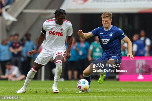 Faride Alidou of 1. FC Koeln and Marius Buelter of TSG 1899 Hoffenheim battle for the ball during the Bundesliga match between 1. FC Köln and TSG...