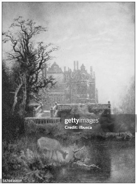 antique image from british magazine: "the phantom deer" - mansion stock illustrations