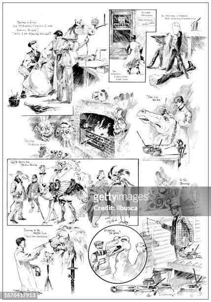 illustrations, cliparts, dessins animés et icônes de image antique du magazine britannique : preparing for pantomime, drury lane - zoo magazine