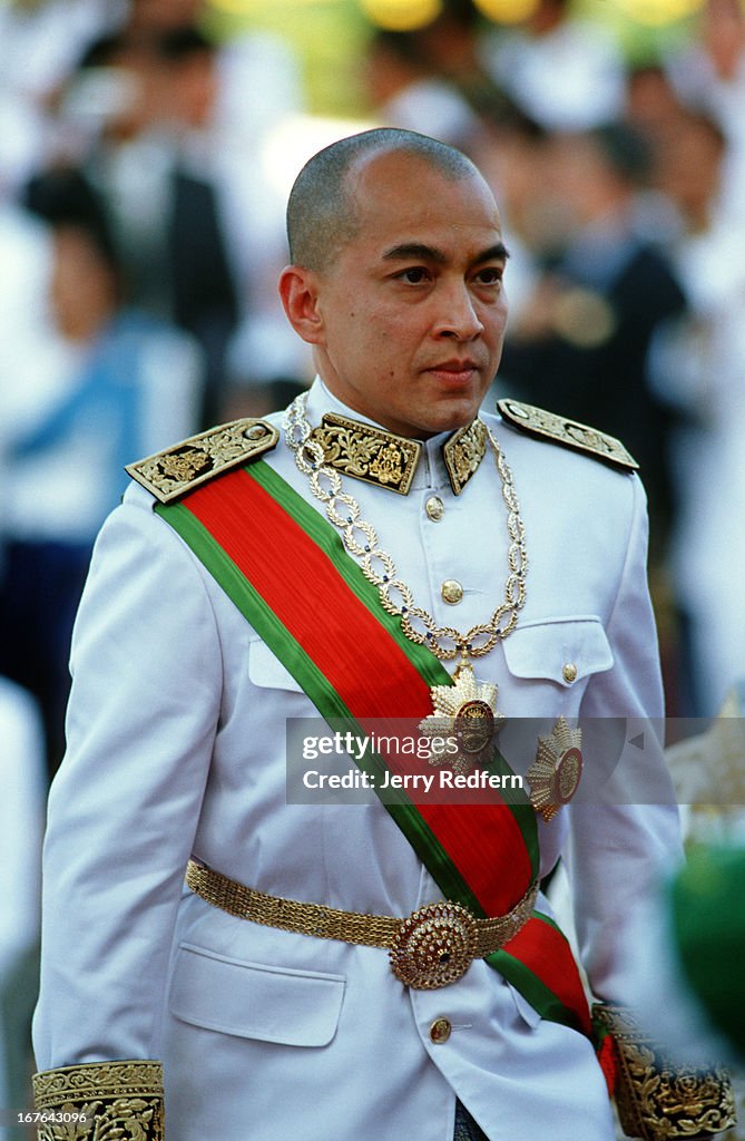 Sihamony King Norodom Sihamoni mounts the steps to the Royal Palace as he ...