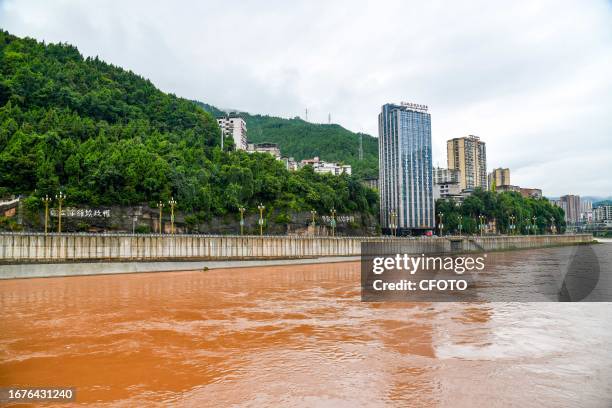 Flood waters rise in the Tongjiang River basin in Tongjiang County, Bazhong City, Sichuan province, China, September 19, 2023.