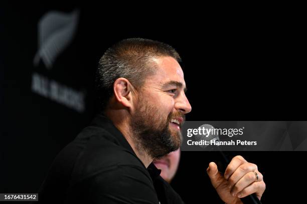 Dane Coles of the All Blacks speaks to the media during a press conference at LOU Rugby Club on September 12, 2023 in Lyon, France.