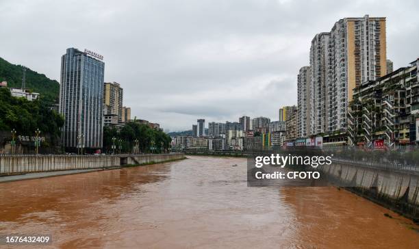 Flood waters rise in the Tongjiang River basin in Tongjiang County, Bazhong City, Sichuan province, China, September 19, 2023.