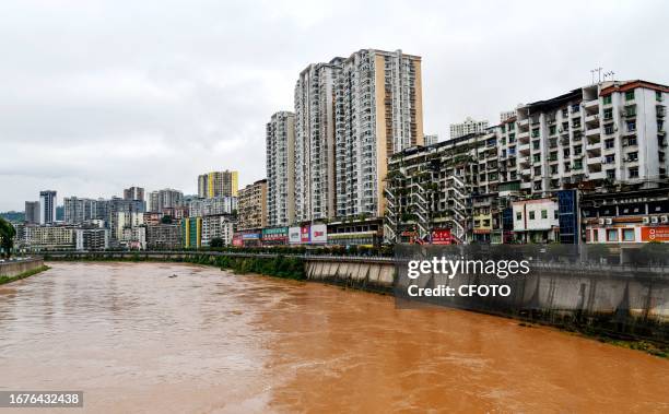 Flood waters rise in the Tongjiang River basin in Tongjiang County, Bazhong City, Sichuan province, China, September 19, 2023.