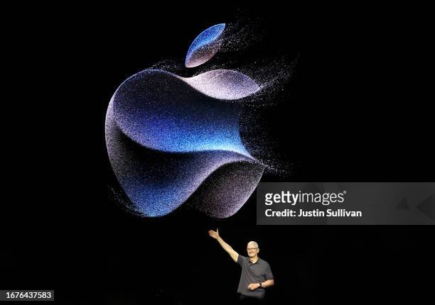 Apple CEO Tim Cook delivers remarks during an Apple special event on September 12, 2023 in Cupertino, California. Apple is set to unveil the new...