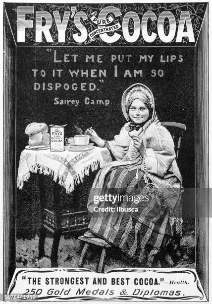 antique image from british magazine: cocoa advert - woman drinking chocolate milk stock illustrations