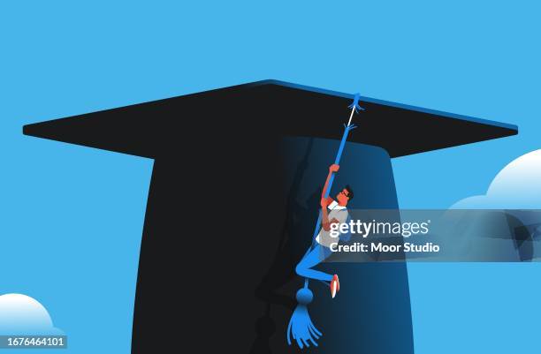 student hanging on a graduate cap tassel illustration - person in further education stock illustrations