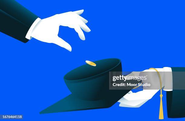 hand throwing coin into graduate cap illustration - money donation stock illustrations