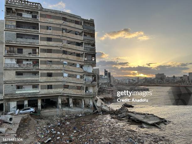 General view of a damaged residential building after the Storm Daniel ravaged the region in Derna, Libya on September 18, 2023. At least 11,300...