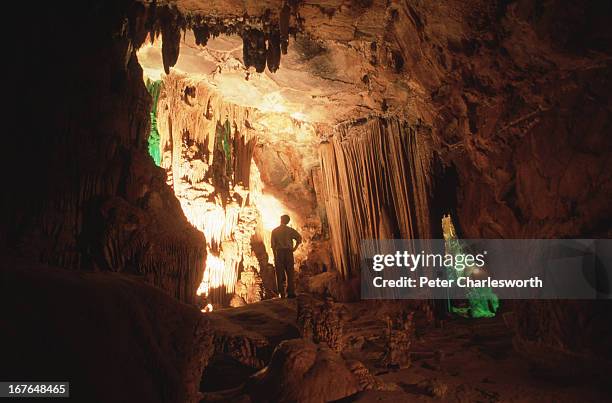 Tourist looks at stalactites and stalagmites inside the Phong Nha Caves. The caves can be found near the Phong Nha Nature Reserve. The Vietnamese...
