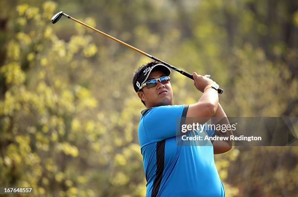 Kiradech Aphibarnrat of Thailand in action during the third round of the Ballantine's Championship at Blackstone Golf Club on April 27, 2013 in...