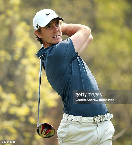 Tommy Fleetwood of England hits his tee-shot on the sixth hole during the third round of the Ballantine's Championship at Blackstone Golf Club on...