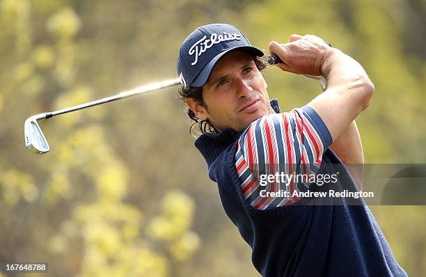 Matteo Delpodio of Italy hits his tee-shot on the sixth hole during the third round of the Ballantine's Championship at Blackstone Golf Club on April...