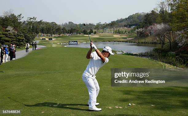 Arnond Vongvanij of Thailand in action during the third round of the Ballantine's Championship at Blackstone Golf Club on April 27, 2013 in Icheon,...