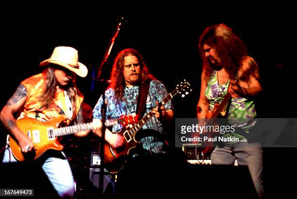 American rock and blues group The Allman Brothers Band perform onstage, Chicago, Illinois, 1990s. Pictured are, from left, guitarists Dickey Betts...
