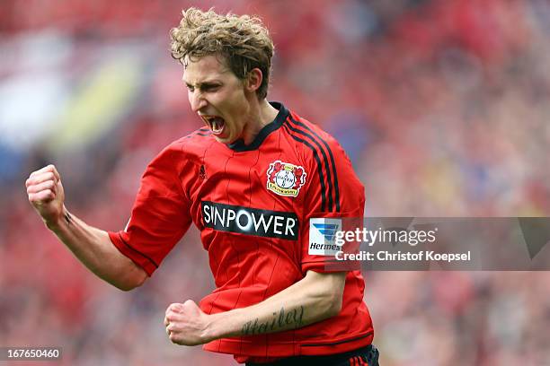 Stefan Kiessling of Leverkusen celebrates the first goal during the Bundesliga match between Bayer 04 Leverkusen and SV Werder Bremen at BayArena on...