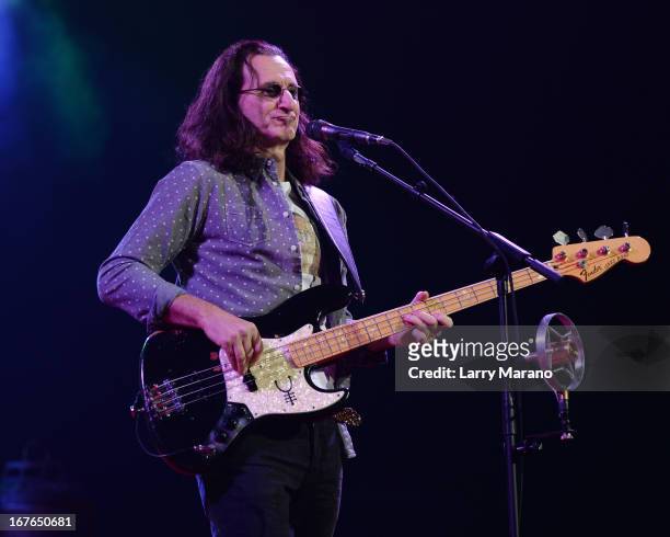 Geddy Lee of Rush performs at BB&T Center on April 26, 2013 in Sunrise, Florida.