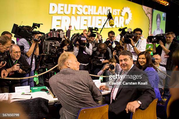 German Greens Party co-chancellor candidate Juergen Trittin, guest speaker SPD Chairman Sigmar Gabriel and Buendnis 90/Die Gruenen co-chancellor...