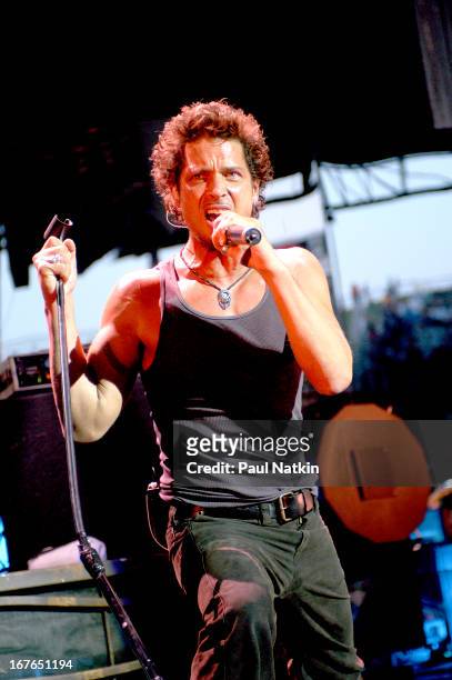 American rock band Audioslave performs on stage, Milwaukee, Wisconsin, July 11, 2003. Pictured is singer Chris Cornell.