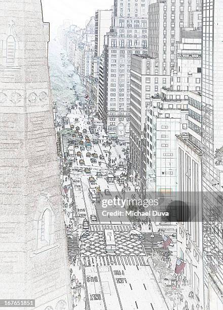 photographic line drawing of new york architecture - vertikal stock-grafiken, -clipart, -cartoons und -symbole